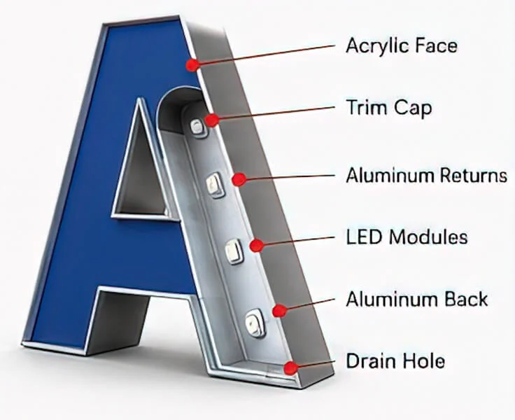 An image of the different parts of a channel letters.